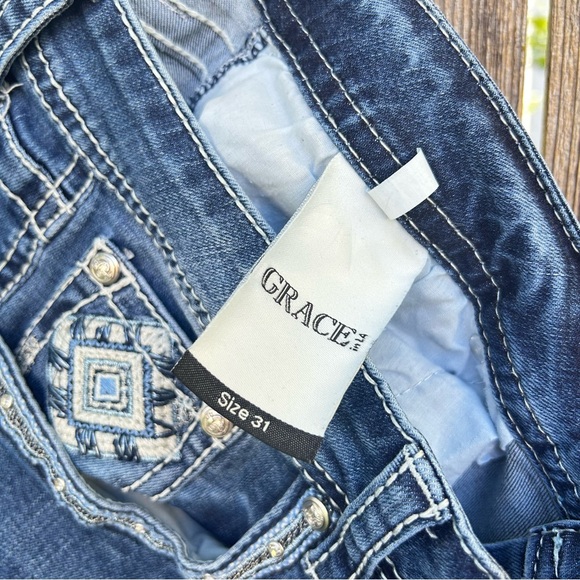 Grace in LA Dark Blue Denim Western Feathers Embellished Boot Cut Jeans Size 31 - Picture 2 of 12